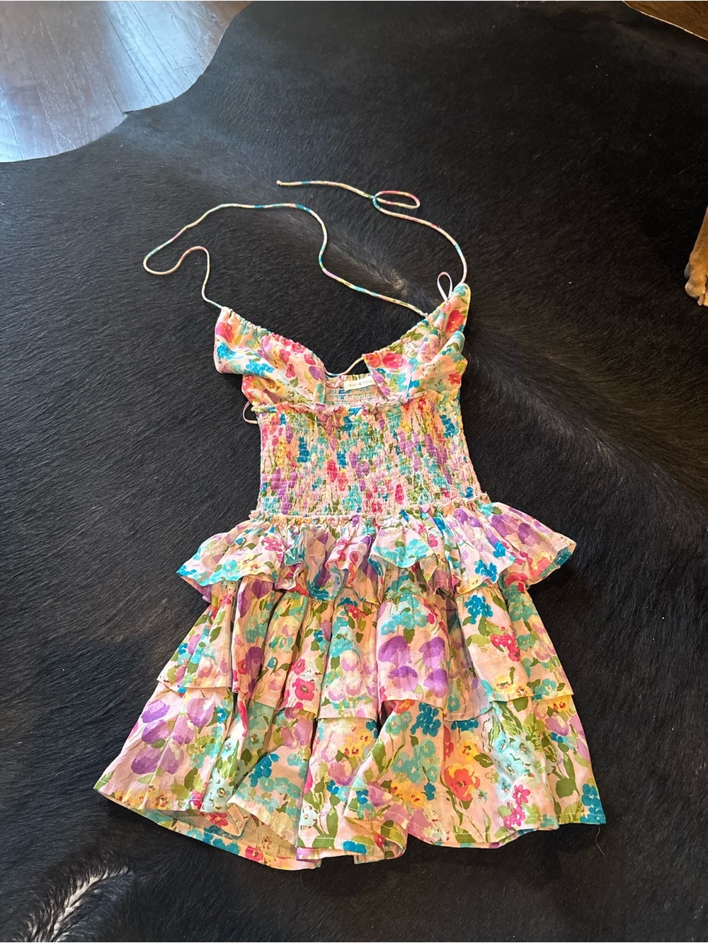 Floral Smocked Mini Dress with Ruffle Hem - Pink Multicolor